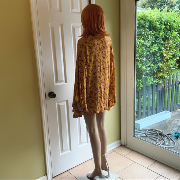 HPx2 Mustard Red Floral Tunic Relaxed Fit Ruffle Butterfly Sleeves Tie Waist SML - Picture 13 of 16